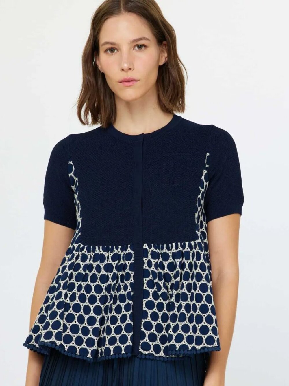 Current Air Los Angeles Navy Lace Combo Short Sleeve Cardigan Medium